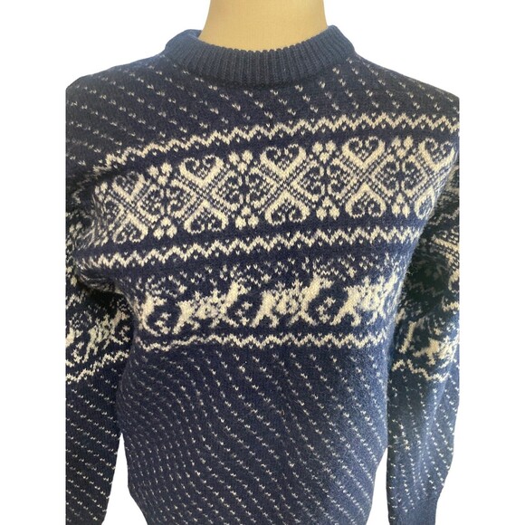 Vintage Woolrich 100% Wool Blue Deer Hearts Birds Tooth Fair Isle Sweater Large - Picture 2 of 12